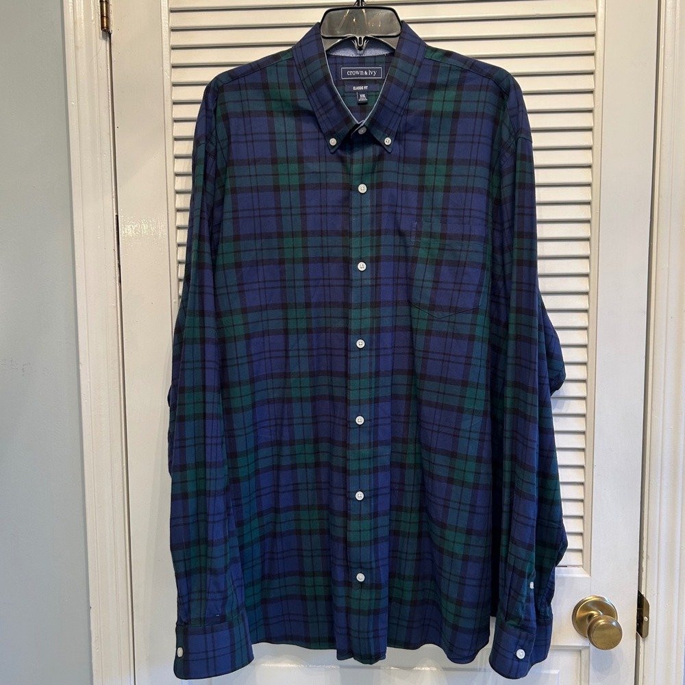 Crown & Ivy‎ XXL Blue Green Plaid Long Sleeve Button Down Shirt Menswear